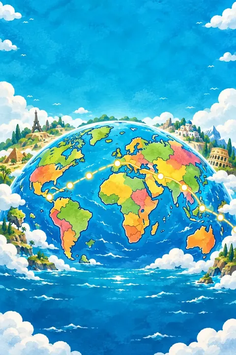 バラバラ地球クイズのタイトル背景。カラフルな地球と世界の建物を描いたイラスト。